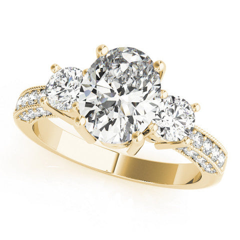 Yellow gold Round Three-Stone Diamond Ring with Pavé Band and Four-Prong Setting