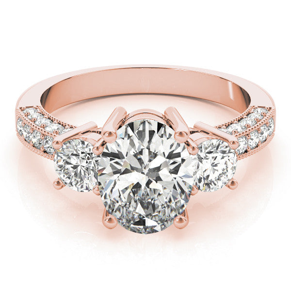 Rose gold Emerald Three-Stone Diamond Ring with Pavé Band and Four-Prong Setting