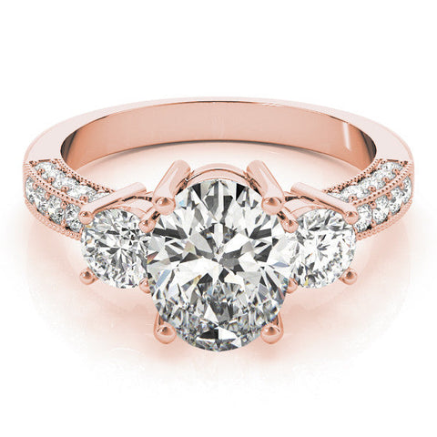 Rose gold Heart Three-Stone Diamond Ring with Pavé Band and Four-Prong Setting