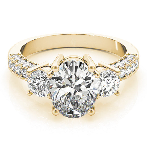 Yellow gold Round Three-Stone Diamond Ring with Pavé Band and Four-Prong Setting