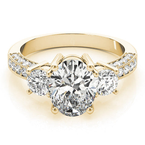 Yellow gold Oval Three-Stone Diamond Ring with Pavé Band and Four-Prong Setting