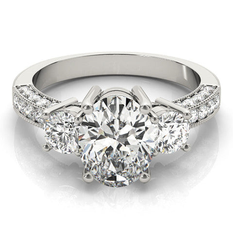White gold Cushion Three-Stone Diamond Ring with Pavé Band and Four-Prong Setting