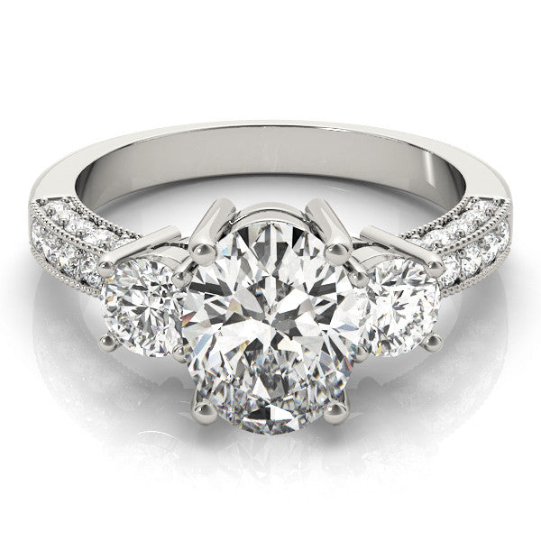 White gold Heart Three-Stone Diamond Ring with Pavé Band and Four-Prong Setting