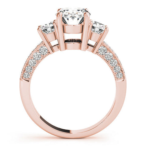 Rose gold Emerald Three-Stone Diamond Ring with Pavé Band and Four-Prong Setting