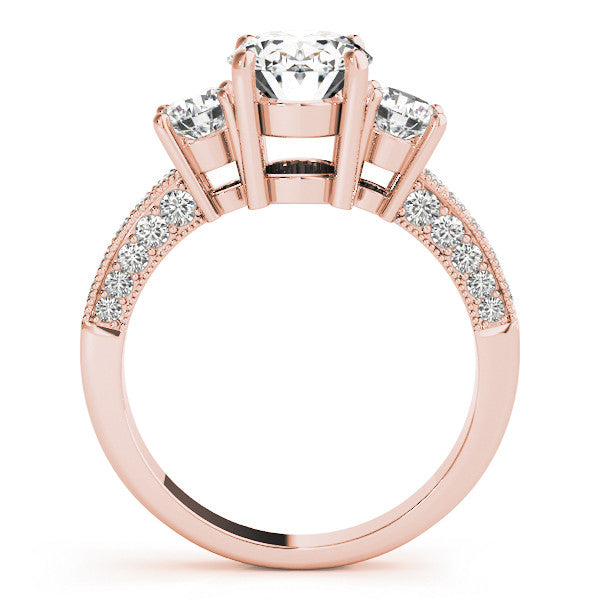 Rose gold Oval Three-Stone Diamond Ring with Pavé Band and Four-Prong Setting