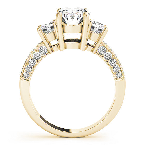 Yellow gold Emerald Three-Stone Diamond Ring with Pavé Band and Four-Prong Setting