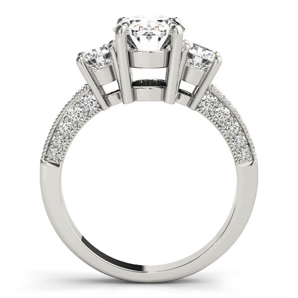 White gold Cushion Three-Stone Diamond Ring with Pavé Band and Four-Prong Setting
