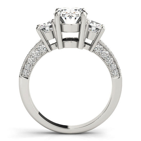 Silver Round Three-Stone Diamond Ring with Pavé Band and Four-Prong Setting