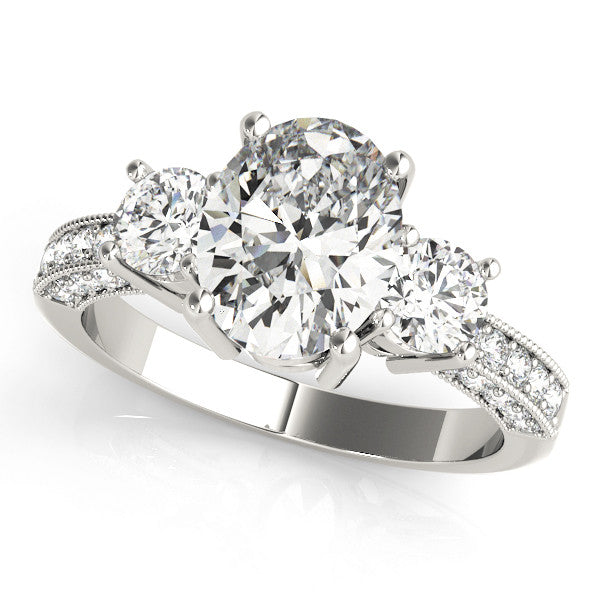 Silver Heart Three-Stone Diamond Ring with Pavé Band and Four-Prong Setting