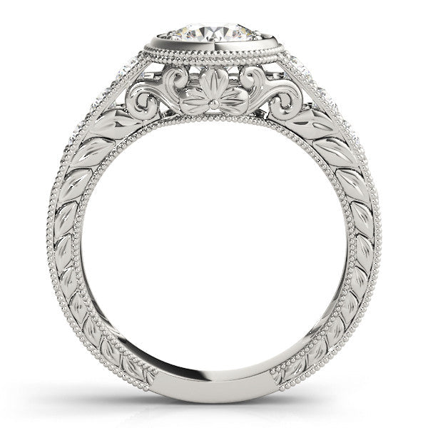 Platinum Bezel Set Round Diamond Milgrain Pave Engagement Ring
