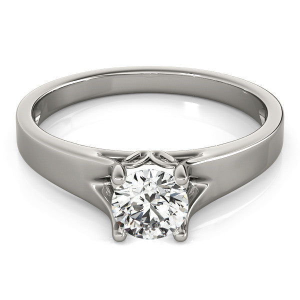 Platinum Round Solitaire Diamond Ring with Cathedral Band and Four-Prong Setting