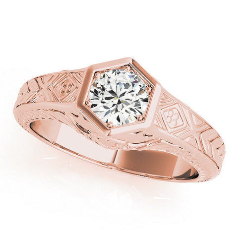 Rose gold Hexagonal Bezel Emerald Diamond Engraved Band Ring