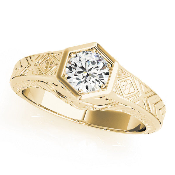 Yellow gold Hexagonal Bezel Oval Diamond Engraved Band Ring