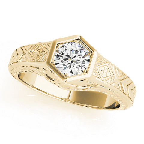 Yellow gold Hexagonal Bezel Cushion Diamond Engraved Band Ring
