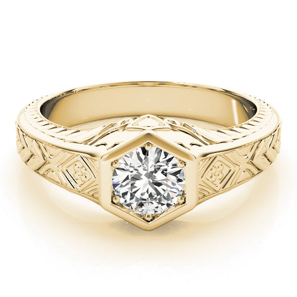 Yellow gold Hexagonal Bezel Oval Diamond Engraved Band Ring