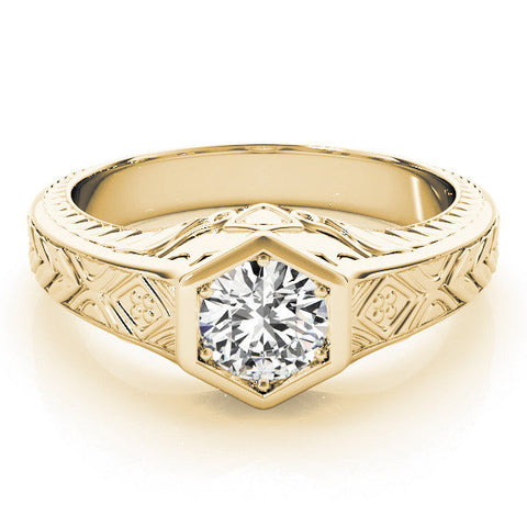 Yellow gold Hexagonal Bezel Marquise Diamond Engraved Band Ring