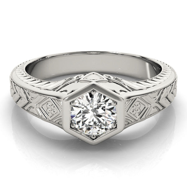 Silver Hexagonal Bezel Round Diamond Engraved Band Ring
