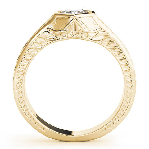 Yellow gold Hexagonal Bezel Cushion Diamond Engraved Band Ring