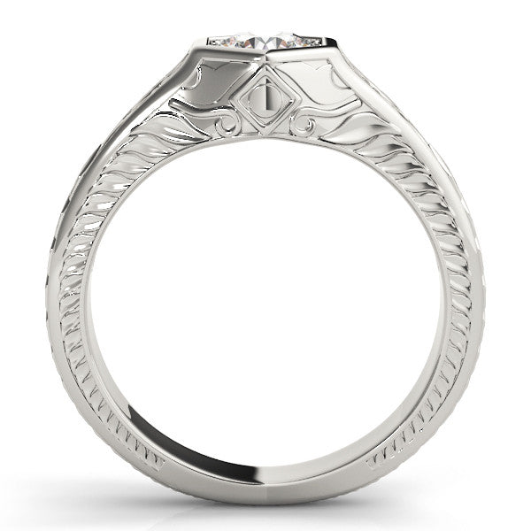 White gold Hexagonal Bezel Round Diamond Engraved Band Ring