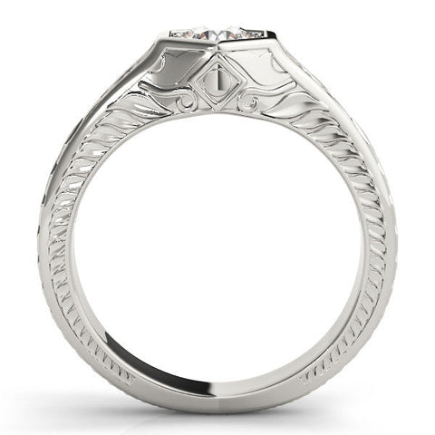Silver Hexagonal Bezel Round Diamond Engraved Band Ring