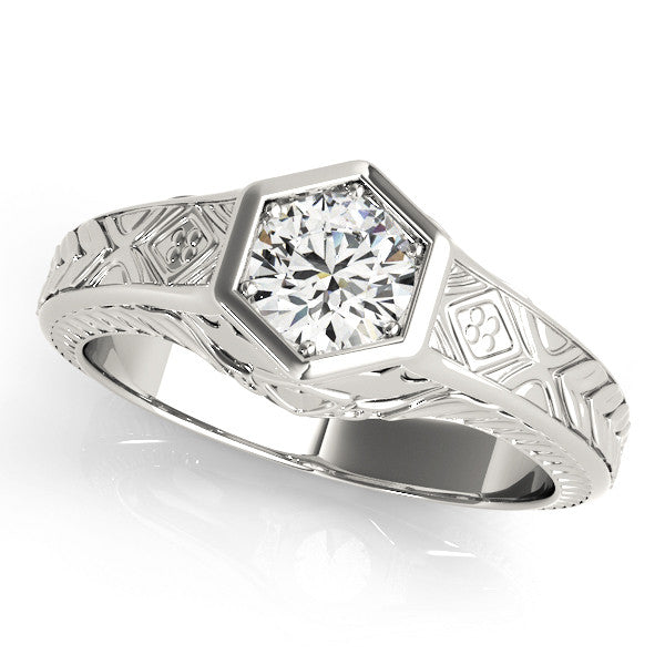 Silver Hexagonal Bezel Round Diamond Engraved Band Ring