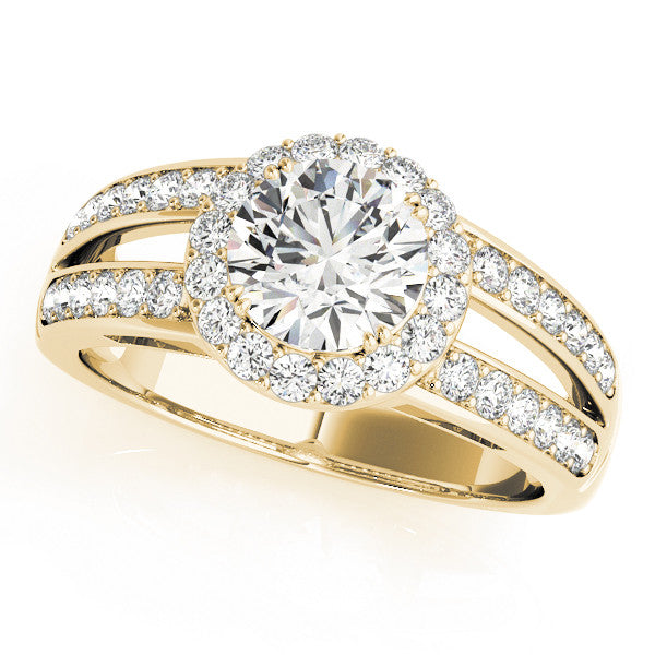 Yellow gold Emerald Halo Split Shank Diamond Ring with Pave Setting
