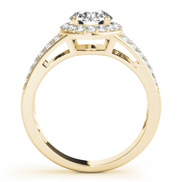 Yellow gold Emerald Halo Split Shank Diamond Ring with Pave Setting