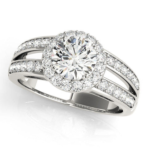 White gold Emerald Halo Split Shank Diamond Ring with Pave Setting