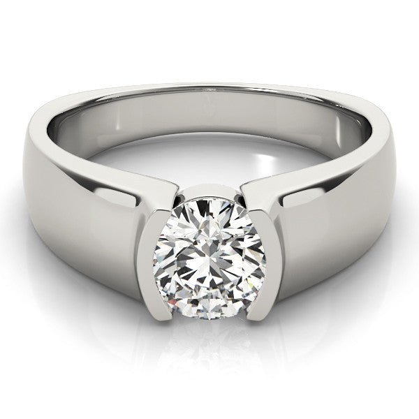 White gold Pear Solitaire Bezel Set Diamond Ring with Wide Band