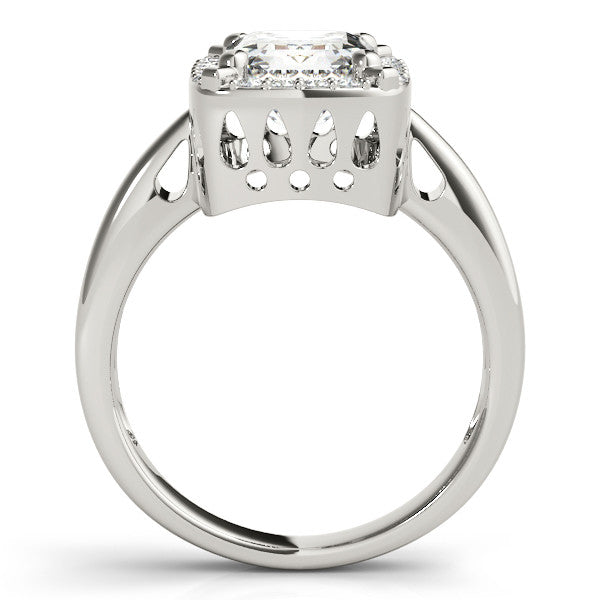 Silver Cushion Cut Diamond Halo Engagement Ring with Split Shank and Four-Prong Setting