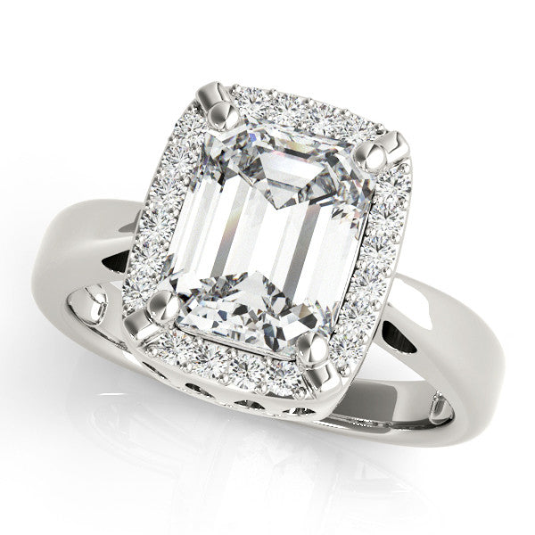 Silver Radiant Cut Diamond Halo Engagement Ring with Split Shank and Four-Prong Setting