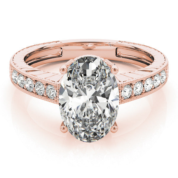 Rose gold Oval Cut Diamond Milgrain Pave Band Four-Prong Setting Ring