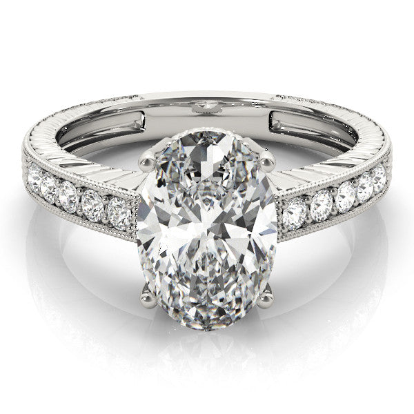 Platinum Oval Cut Diamond Milgrain Pave Band Four-Prong Setting Ring