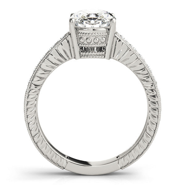 Silver Oval Cut Diamond Milgrain Pave Band Four-Prong Setting Ring