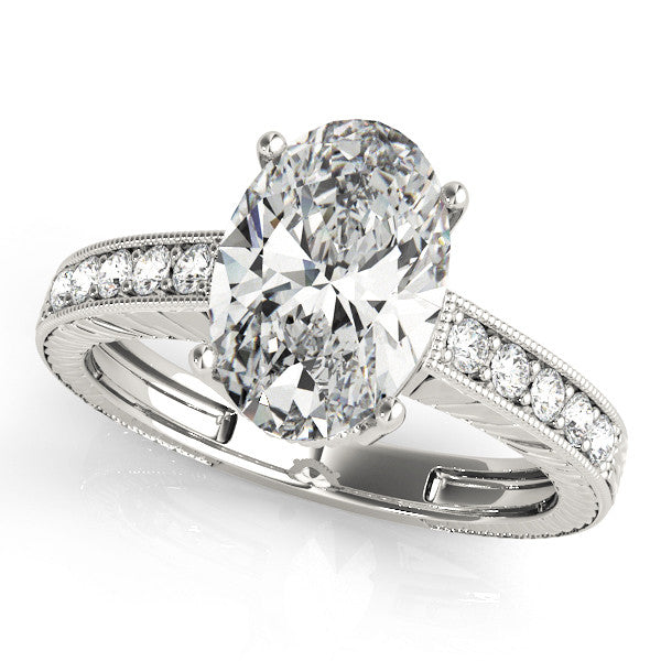 Silver Oval Cut Diamond Milgrain Pave Band Four-Prong Setting Ring