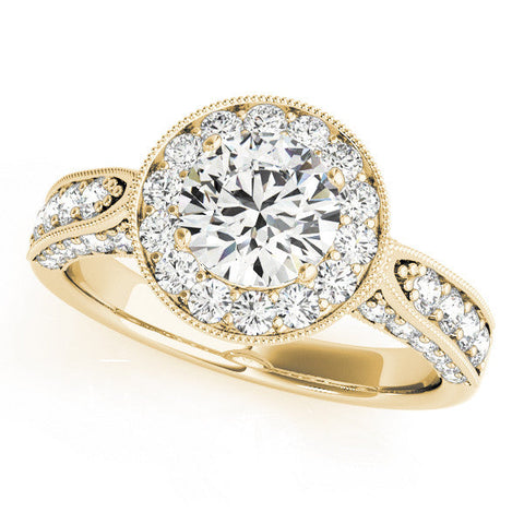 Yellow gold Round Halo Diamond Engagement Ring with Split Shank Band and Four-Prong Setting