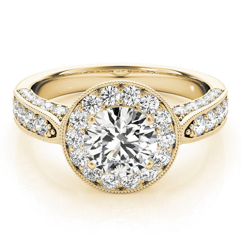 Yellow gold Emerald Halo Diamond Engagement Ring with Split Shank Band and Four-Prong Setting