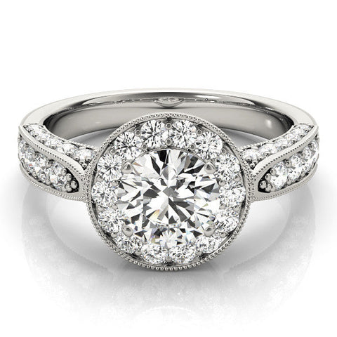 White gold Oval Halo Diamond Engagement Ring with Split Shank Band and Four-Prong Setting