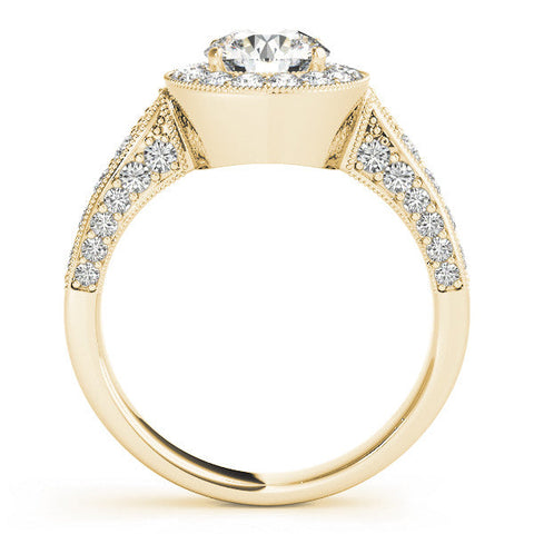 Yellow gold Round Halo Diamond Engagement Ring with Split Shank Band and Four-Prong Setting