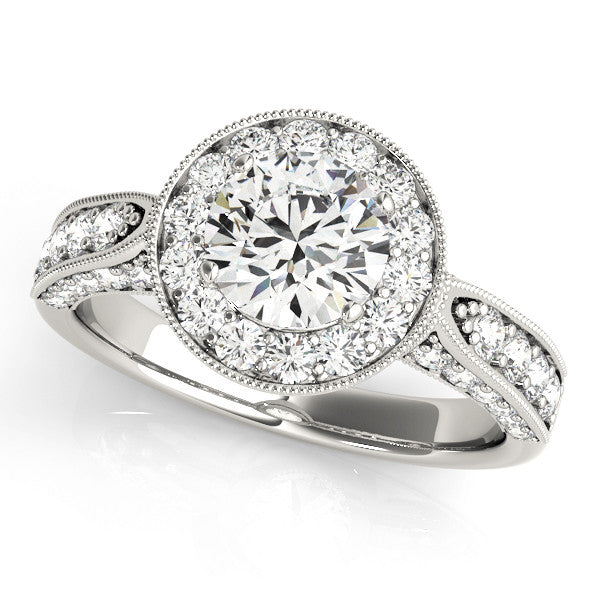 Platinum Oval Halo Diamond Engagement Ring with Split Shank Band and Four-Prong Setting