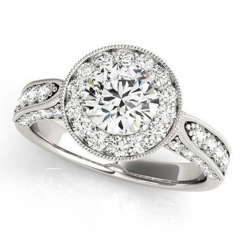 Silver Round Halo Diamond Engagement Ring with Split Shank Band and Four-Prong Setting