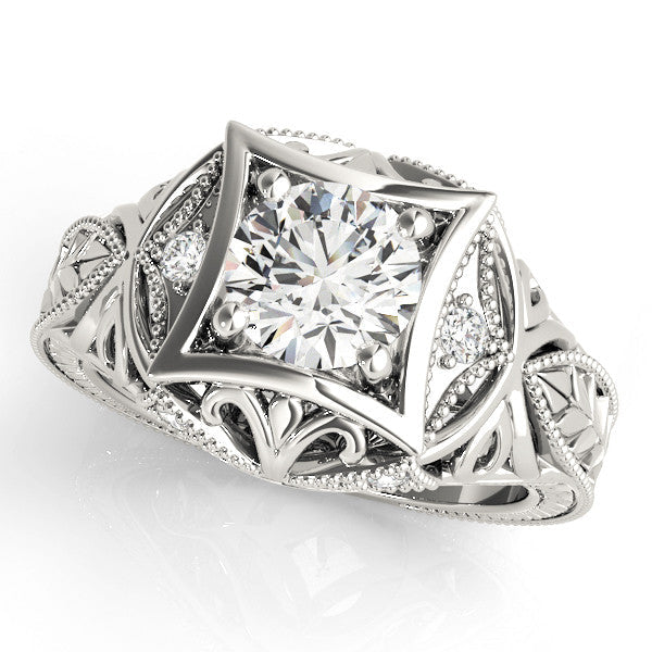Silver Marquise Brilliant Milgrain Filigree Solitaire with Bezel and Prong Setting