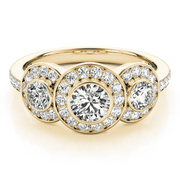 Yellow gold Three-Stone Round Halo Pavé Diamond Ring