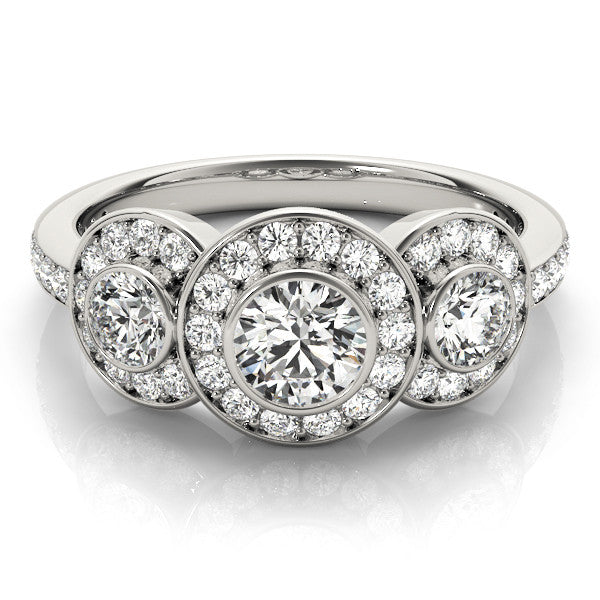 Platinum Three-Stone Round Halo Pavé Diamond Ring