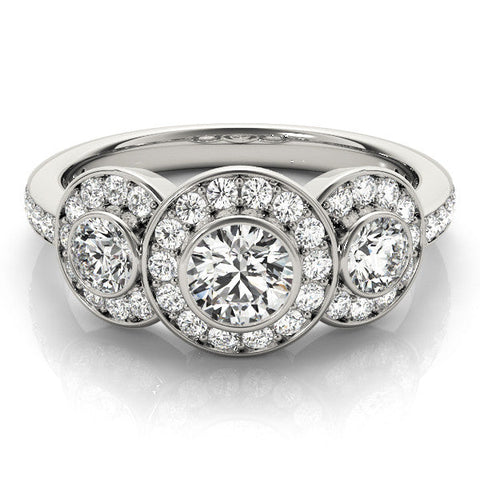 Platinum Three-Stone Round Halo Pavé Diamond Ring