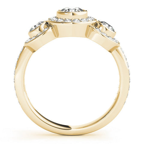 Yellow gold Three-Stone Round Halo Pavé Diamond Ring