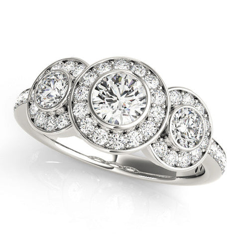 Silver Three-Stone Round Halo Pavé Diamond Ring