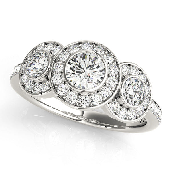 White gold Three-Stone Round Halo Pavé Diamond Ring