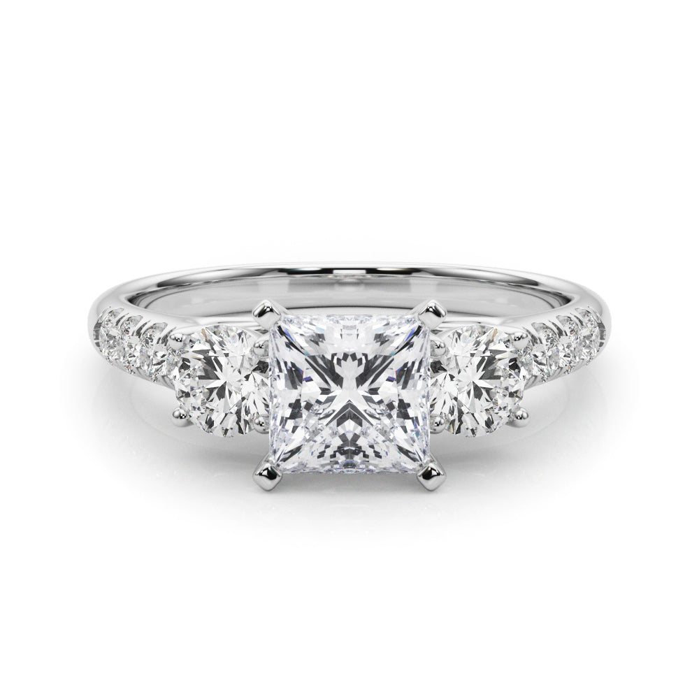 Platinum Three-Stone Heart Cut Diamond Pavé Band with Four-Prong Setting