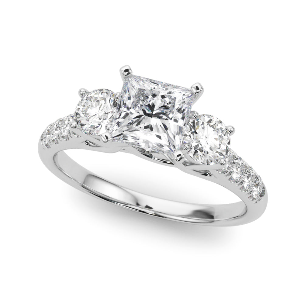 Platinum Three-Stone Heart Cut Diamond Pavé Band with Four-Prong Setting